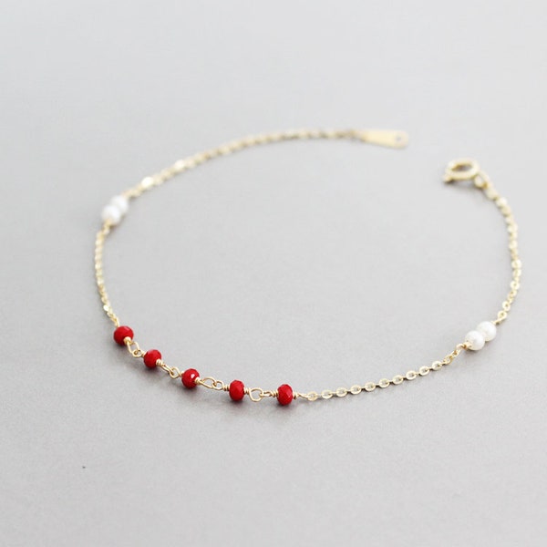 Red Beads Thin Bracelet, 14K Real Solid Gold Jewelry, Charm Bracelet, Dainty Bracelet, Gift for Her, Minimalist Bracelet