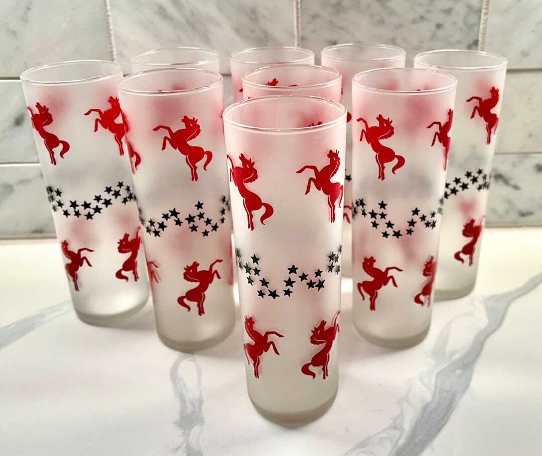 Set of 9 Vintage Libbey Frosted Tom Collins Iced Tea Glasses With Red