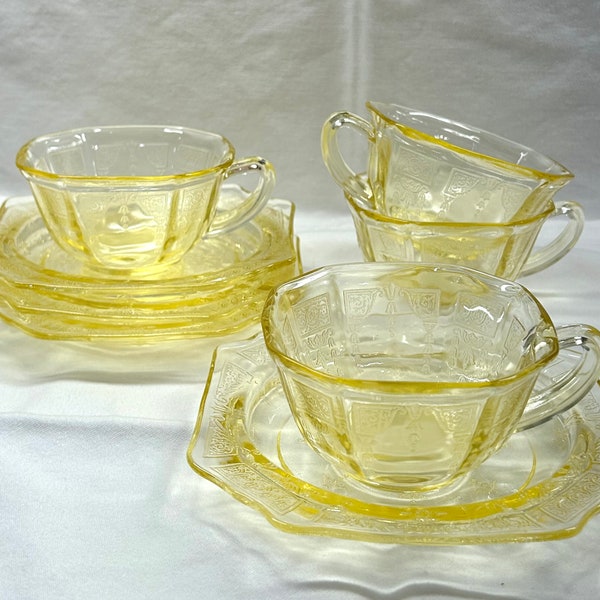 Vintage Anchor Hocking Princess Topaz Yellow Set of Four Tea Cups and Saucers Bread Butter Plates Depression Glass