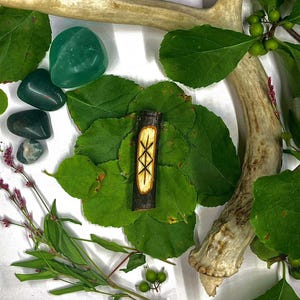 May include: A wooden rune pendant with a carved design, resting on green leaves. The pendant is surrounded by green gemstones, sprigs of pink flowers, and a deer antler. The background is white.