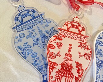 Red ginger jar ornament, acrylic ornament,  gift tag, mother’s Day/bag tag,stocking tag, chinoiserie