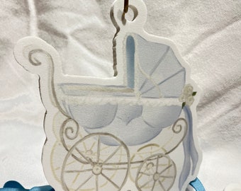 Carriage ornament pink or blue/ pvc tag/ nursery decor, stroller, pram, baby, preppy baby, classic baby tag, baby’s first Christmas