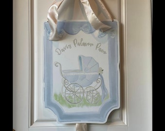 Carriage Baby Door Hanger w/ Stork Attachment Ornament Birth Stats