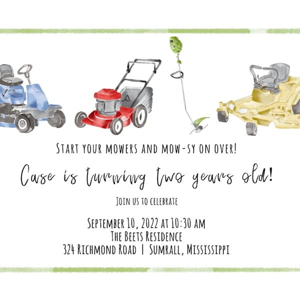 Lawn mower watercolor invitation