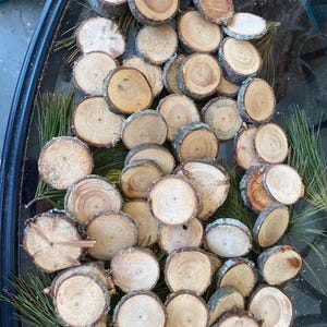 May include: A collection of natural wood slices, arranged in a circular pattern on a glass surface. The wood slices are various sizes and shapes, with a light brown color and visible grain patterns.