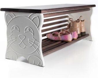 Armoire à chaussures pour enfants BESTFORM | 40/60/78x28x30 cm | Étagère à chaussures avec banc pour les amoureux des chats | Cadeau de banc de chat