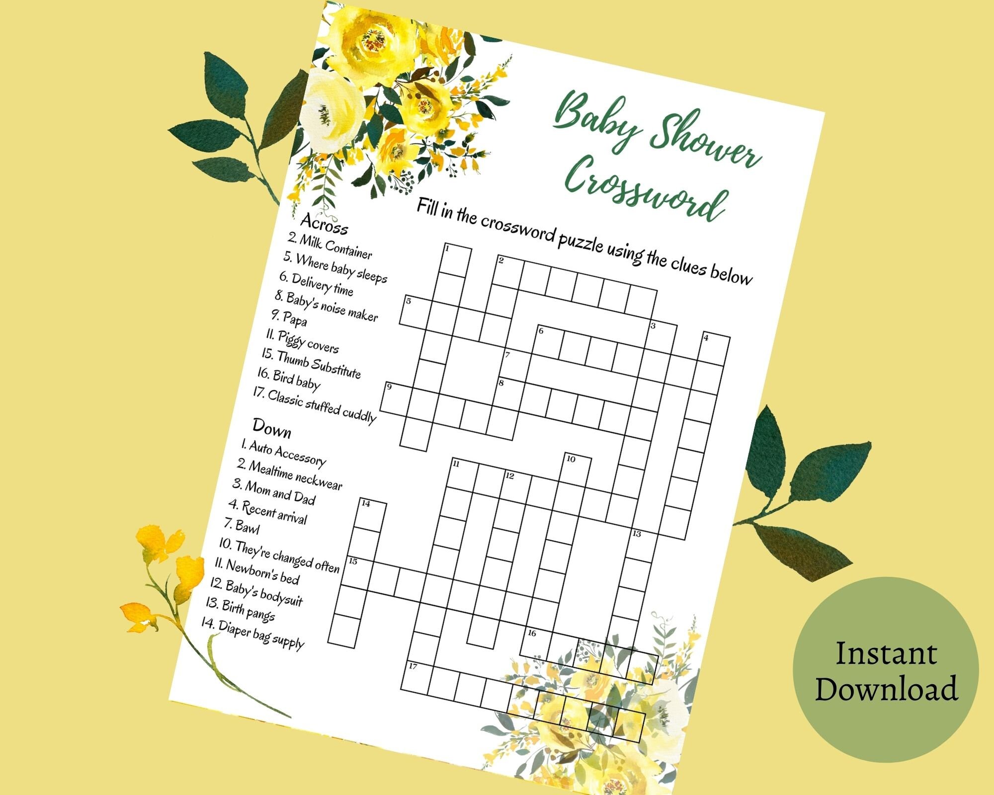 Sunshine Baby Shower Crossword