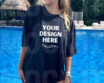 Black Comfort Colors C1717 Model Mockup | Comfort Colors C1717 Pool Mock up | Vacay T-Shirt Mockup | Black Shirt Summer Mock | Mock it Up