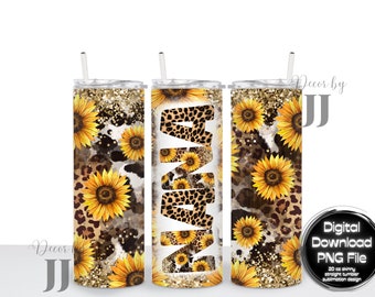 NANA - Western - Leopard - Cow Print - Sunflowers - Glitter - Sublimation Design - 20 Oz Straight Skinny Tumbler Wrap Template - PNG File