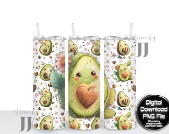 Kawaii Avocados - Watercolor Art - Floral - Cute - Hearts - Sublimation Design - 20 Oz Straight Skinny Tumbler Wrap Template - PNG File