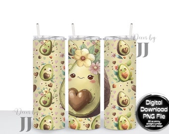 Kawaii Avocados - Watercolor Art - Floral - Cute - Hearts - Sublimation Design - 20 Oz Straight Skinny Tumbler Wrap Template - PNG File