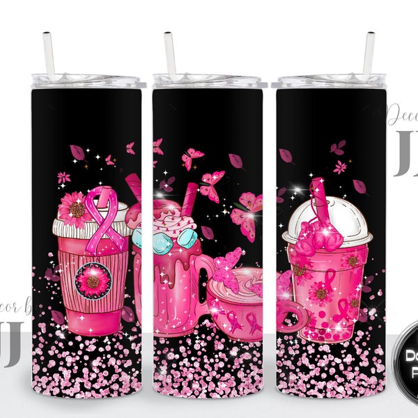 Coffee Drinks, Breast Cancer Awareness, Pink Ribbon, Butterflies, Sublimation Design, 20 Oz Straight Skinny Tumbler Wrap Template - PNG File