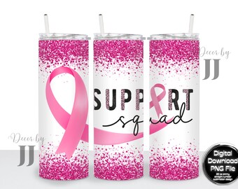 Support Squad, Breast Cancer Awareness, Pink Ribbon, Leopard - Sublimation Design - 20 Oz Straight Skinny Tumbler Wrap Template - PNG File