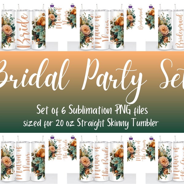 Bridal Party Set of 6, Jade & Peach, Watercolor Floral, Glitter, Sublimation Design - 20 Oz Straight Skinny Tumbler Wrap Template - PNG File