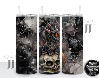Dragon & Skull - Black Dragon - Alcohol Ink - Goth - Fire - Sublimation Design - 20 Oz Straight Skinny Tumbler Wrap Template - PNG File