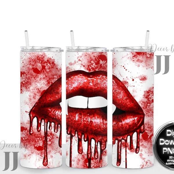 Bloody Vampire Lips - Blood Drip - Vampire Fangs - Blood Splat - Sublimation Design - 20 Oz Straight Skinny Tumbler Wrap Template - PNG File