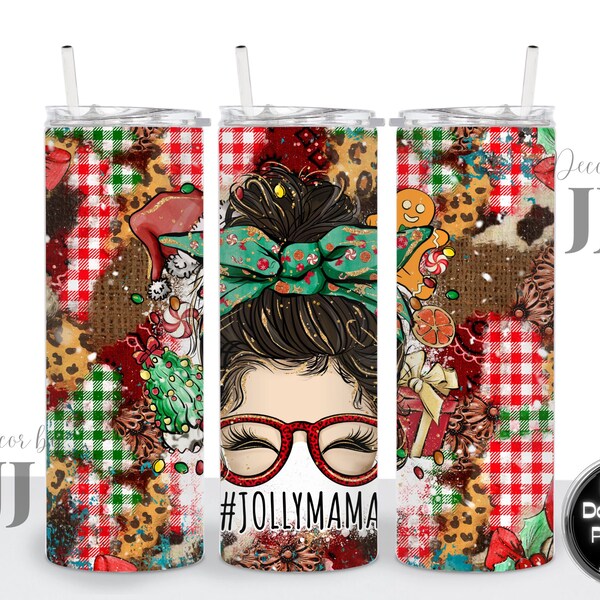 Messy Bun, Brunette Hair, Merry Christmas, Jolly Mama, Mom Bun - Sublimation Design - 20 Oz Straight Skinny Tumbler Wrap Template - PNG File