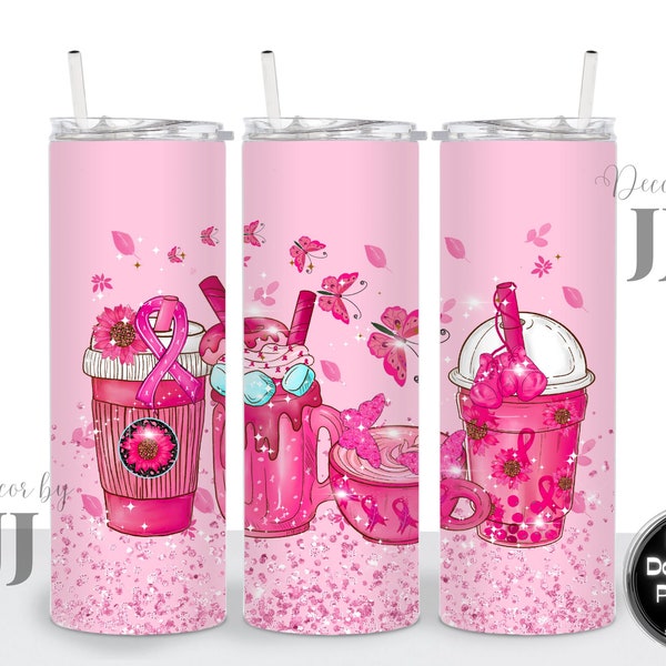 Coffee Drinks, Breast Cancer Awareness, Pink Ribbon, Butterflies, Sublimation Design, 20 Oz Straight Skinny Tumbler Wrap Template - PNG File