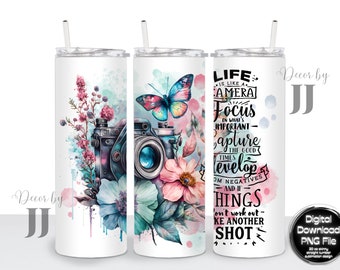 Life is Like a Camera, Camera, Watercolor Art, Floral, T-Shirt - Sublimation Design - 20 Oz Straight Skinny Tumbler Wrap Template - PNG File