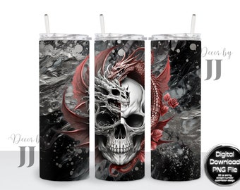 Dragons & Skull - Red and White Dragons - Alcohol Ink - Goth - Sublimation Design - 20 Oz Straight Skinny Tumbler Wrap Template - PNG File