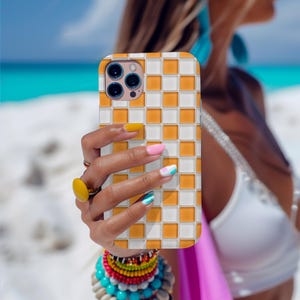 Orange Papaya Glass Tile iPhone Case - Retro Mosaic Checkerboard Design Pattern, Magnetic Tough Case, Phone Accessory, iPhone 13 14 15 16