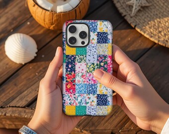 Patchwork bloemen iPhone-hoesje quiltpatroon telefoonhoes Cottage-core hoesje retro botanische collage vintage esthetiek voor iPhone 13 14 15 16 17