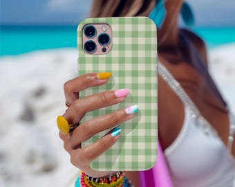 Green Gingham iPhone Case – Cute Pastel Checkered Cover, Vintage, Preppy Aesthetic Gift for Her, Trendy Spring Phone Case iPhone 13 14 15 16