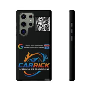 May include: Black phone case with a multi-lens camera array and a QR code. The case features the Carrick Heating & Air Conditioning logo with text that reads "Save $10 on your total invoice for leaving us an honest review on Google."