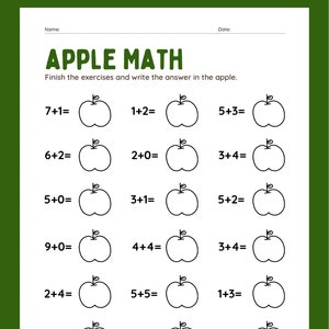 Hoja de trabajo de adición de matemáticas de Apple / Archivo digital / Matemáticas fáciles / Maestros o padres