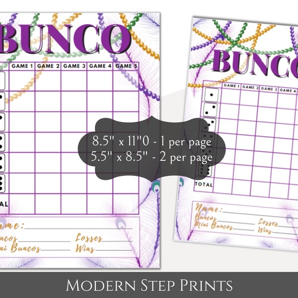 Printable Mardi Gras Bunco Score Card, Fat Tuesday, February Game Night, Bunco Brunch, Bunco Love, Easy Party, Instant Download, PDF