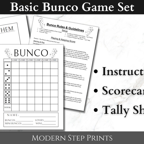 Bunco Printable, Scorecard, Tally Sheet, and Instructions Included, Holiday Game, Instant Download, Digital File, 2 per sheet, 4 per sheet