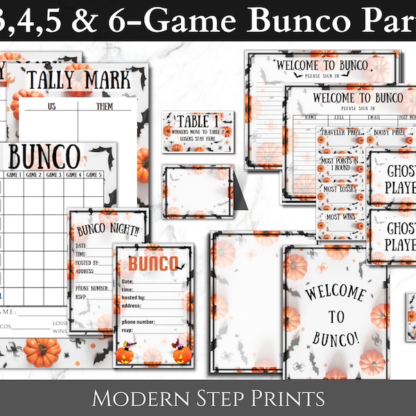 Halloween Bunco Night Bundle, Party Game, October Pumpkins, Score Card, Tally Sheet, Ghost Player, Editable Invitation, Prize Tag, Name tags