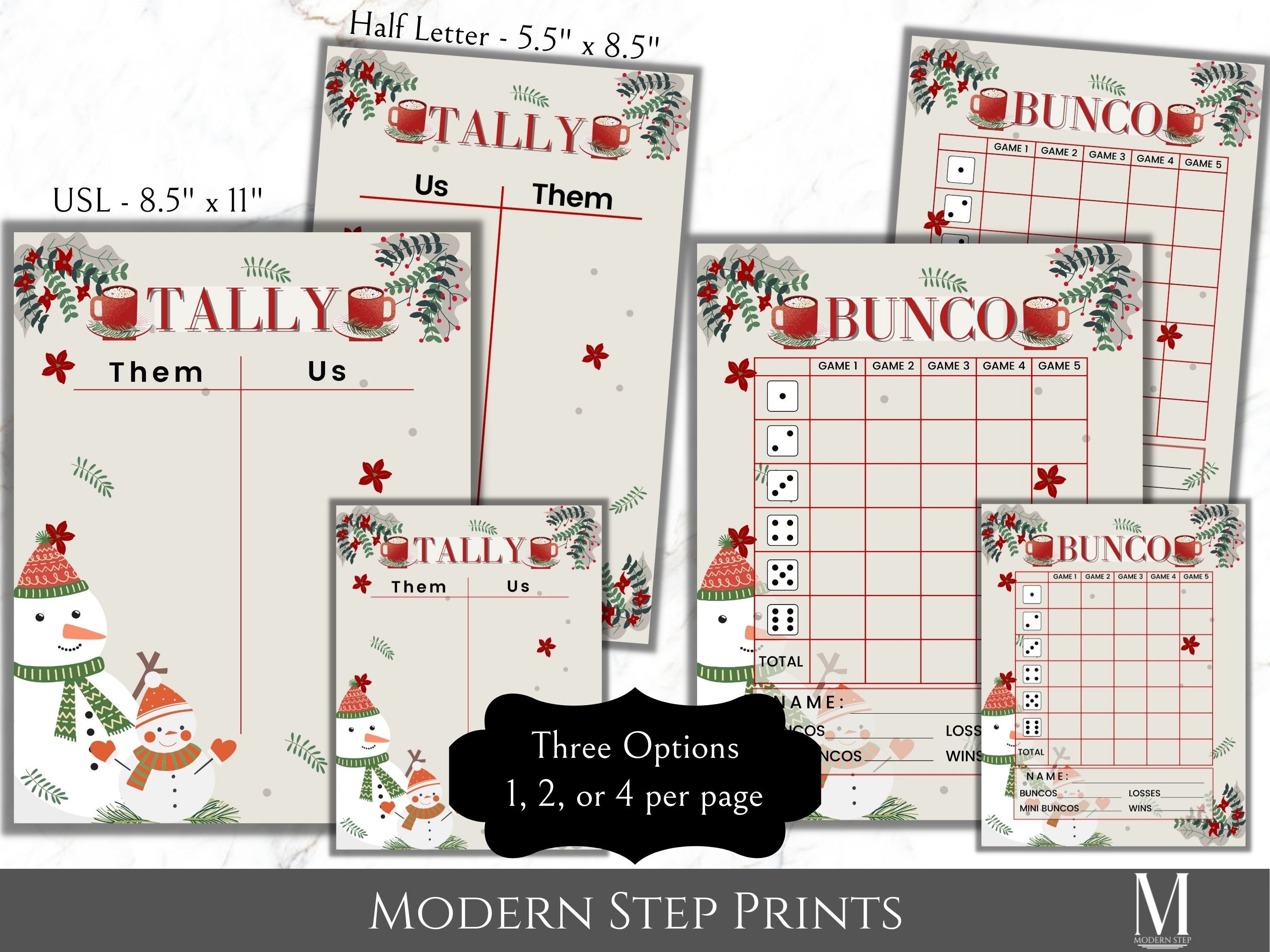 Bunco Christmas Printable Package of Score Cards, Tally Sheets, Snowmen ...