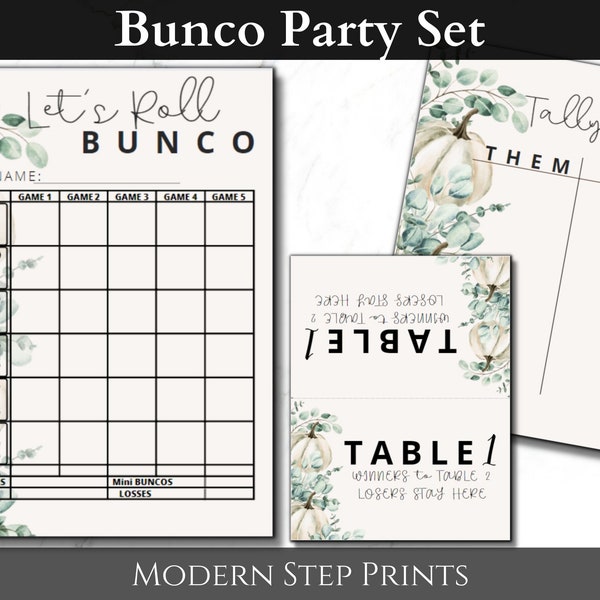 Printable Bunco Bundle of Score Cards, Winter Game Card, Thanksgiving Games & Activity, Eucalyptus Pumpkin Table Numbers, Bunco Score Sheet