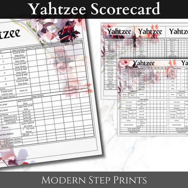 Ensemble de bouquet de fleurs de carte de pointage Yahtzee imprimable | Bloc de score Yahtzee | Feuille de match | Jeux amusants et de dés | PDF | Numérique