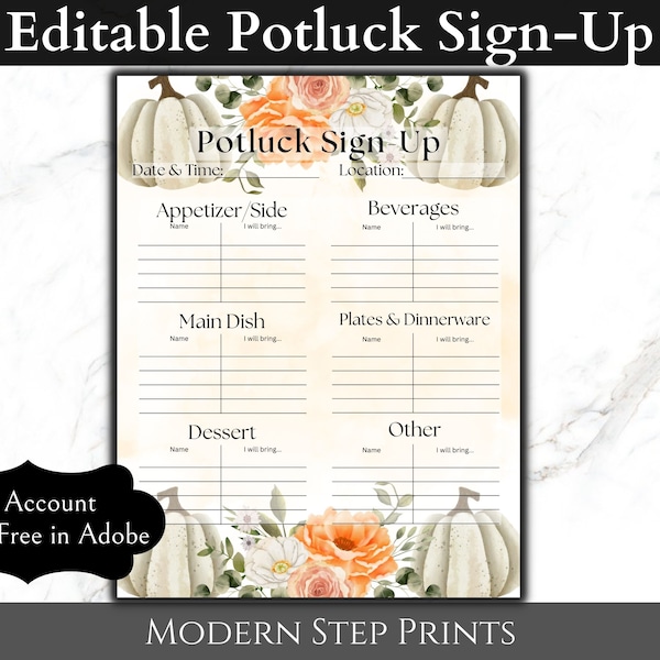 Thanksgiving Printable Potluck Sign Up Sheet, Editable & Fillable, PDF, Family Office Party, Easy Tracking for Food Dishes, Dinner Potlatch