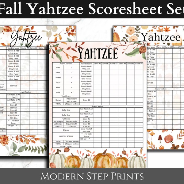 Fall Yahtzee Score Card Set of 3 | Thanksgiving Activity Game | October November Score Pad | Family Kids Friendsgiving Dice game scoresheet