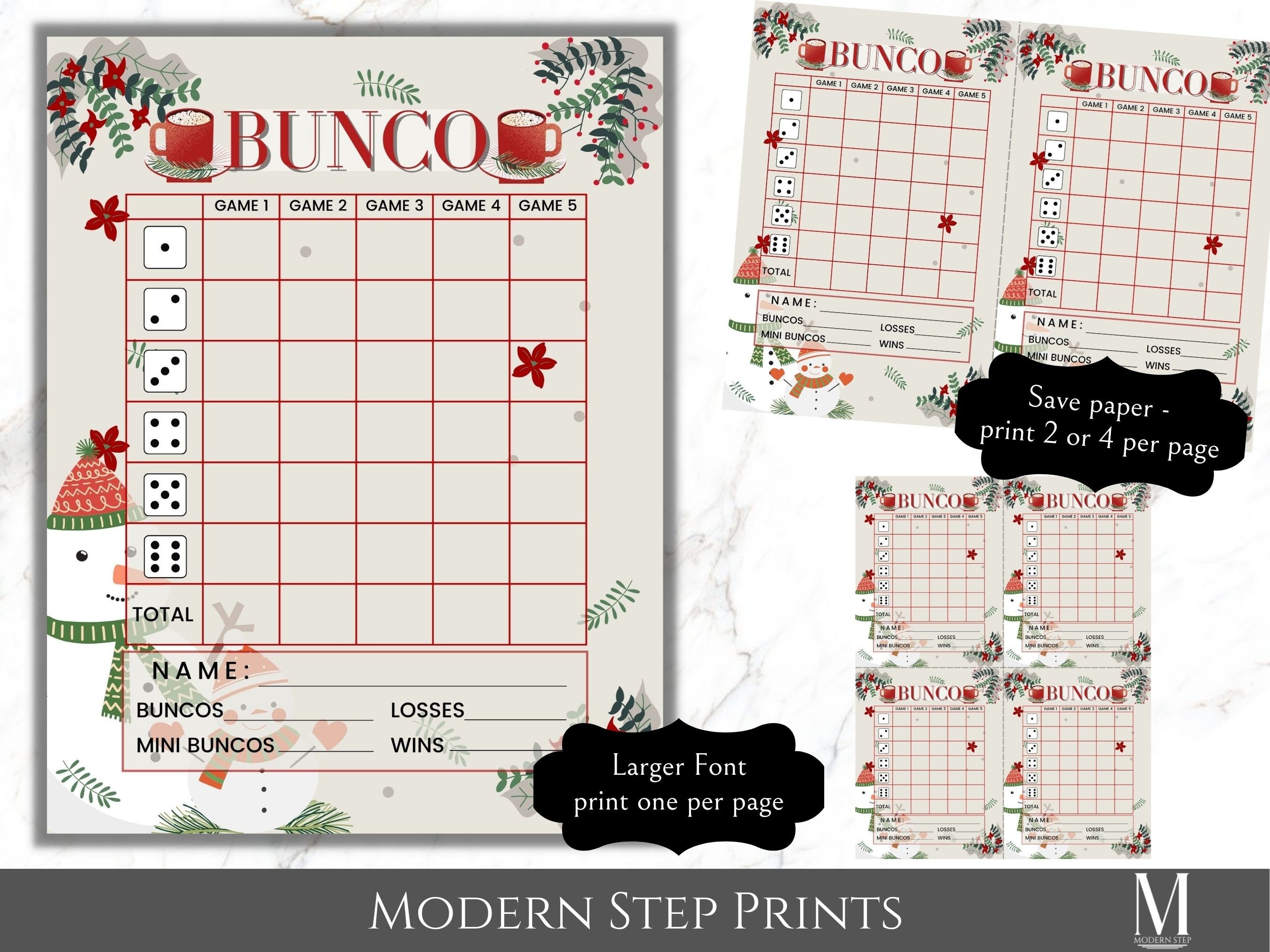 Bunco Christmas Printable Package of Score Cards, Tally Sheets, Snowmen ...