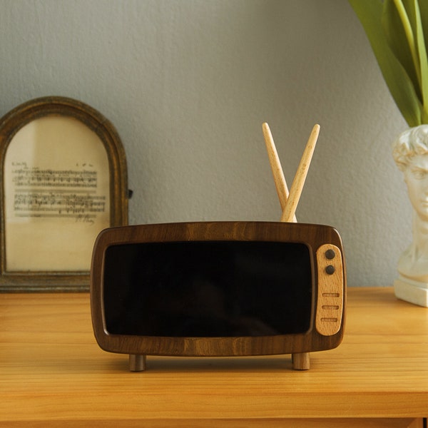 Solid wood phone stand|Vintage TV|Creative desktop ornament | Wirelessly rechargeable