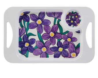 Melamin Snacktablett: kleines rechteckiges Schoß- oder Teetablett mit Becherhalter - Lila Floral