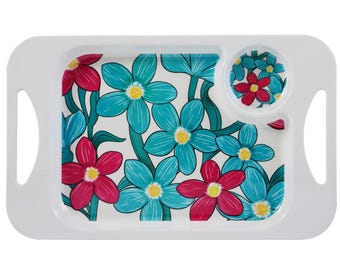 Floral Melamin Snack Tablett: Teal & Cerise, Tassenhalter