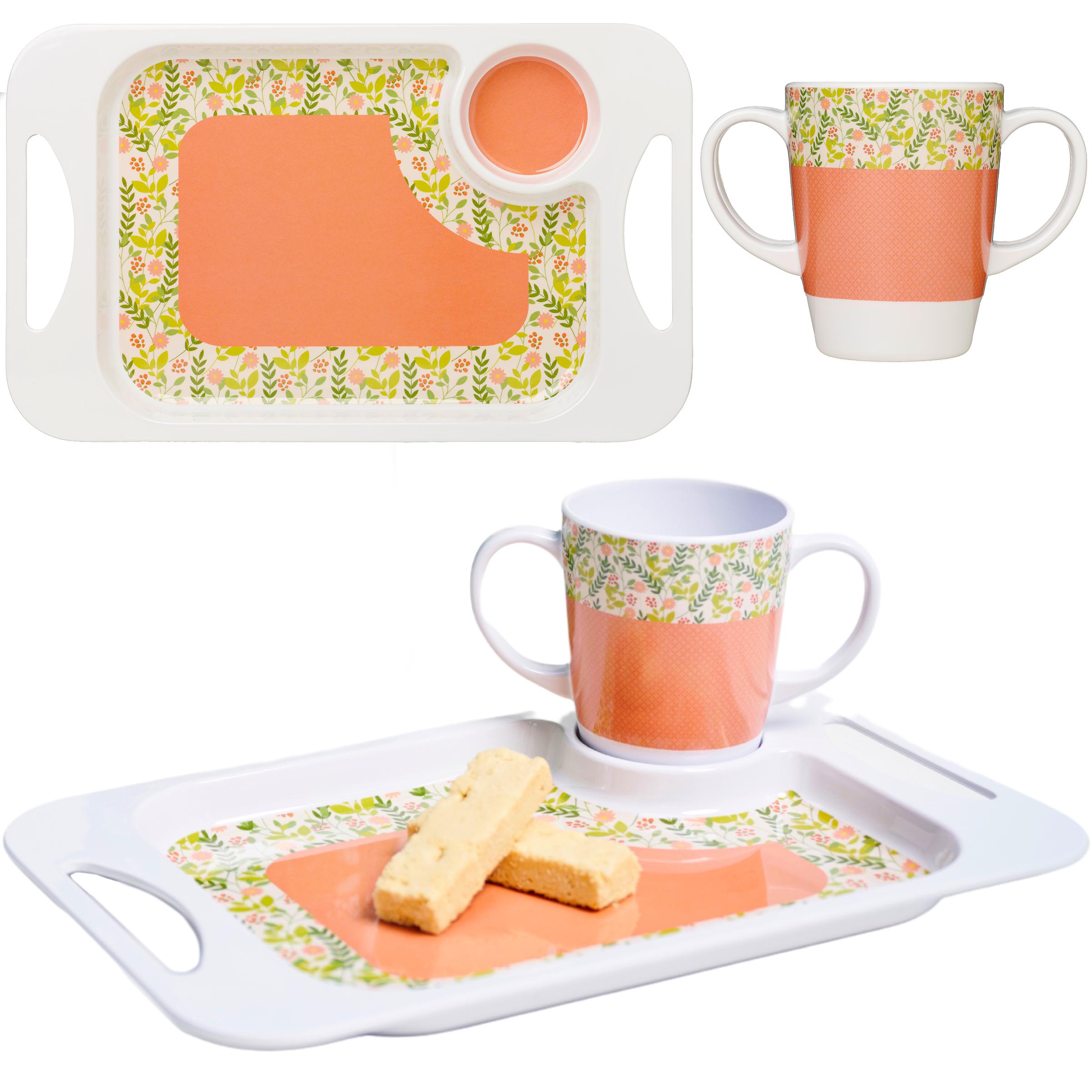 Rosa Lifestyle Peach Two Handled Melamine Mug, Lids & Snack Tray