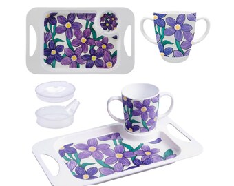 Rosa Lifestyle Lila Floral Zwei Griff Melamin Becher, Deckel & Snacktablett Bundle