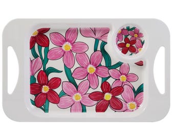 Melamin Snacktablett: kleines rechteckiges Schoß- oder Teetablett mit Becherhalter - Pink Floral