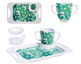 Rosa Lifestyle Grün Floral Zwei behandelt Melamin Becher, Deckel & Snacktablett Bundle