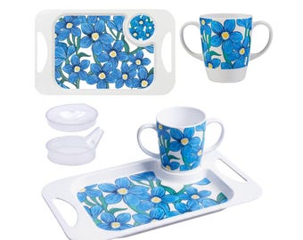 Rosa Lifestyle Blau Floral Zwei behandelt Melamin Becher, Deckel & Snack-Tablett Bundle