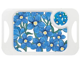 Melamin Snacktablett: kleines rechteckiges Schoß- oder Teetablett mit Becherhalter - Blau Floral