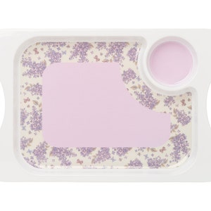May include: White serving tray with a floral design featuring purple flowers and butterflies. The tray has a small, round, white dish in the top right corner and a larger, rectangular, white dish in the centre.