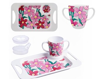 Rosa Lifestyle Pink Floral Zwei Griff Melamin Becher, Deckel & Snacktablett Bundle