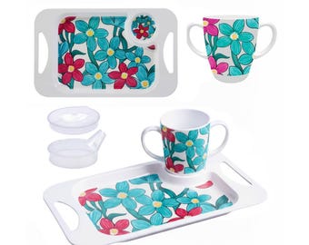 Rosa Lifestyle Teal Cerise Floral Zwei Griff Melamin Becher, Deckel & Snacktablett Bundle